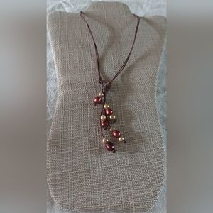Handmade Gold & Red Pearl & Brown Leather 2-Way Necklace